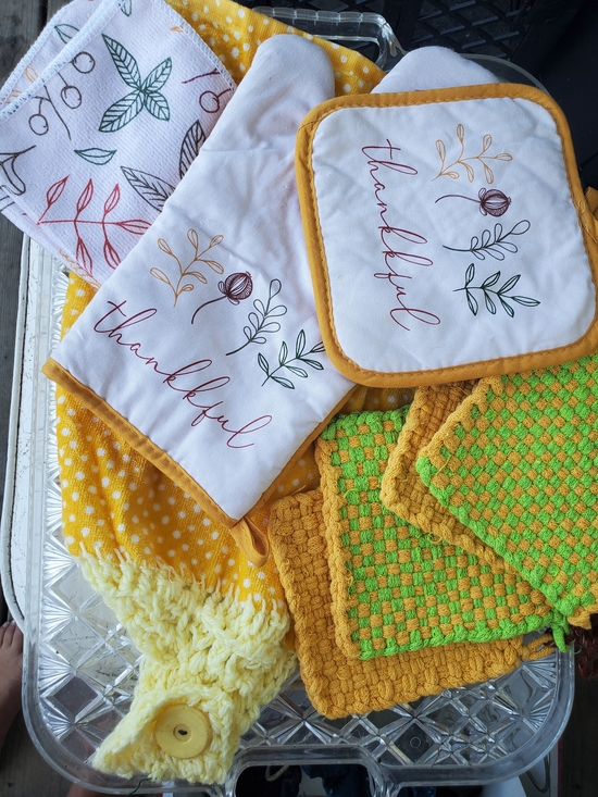 handcrafted Other - Thankful Embroidered White & Mustard Kitchen Linen Set by